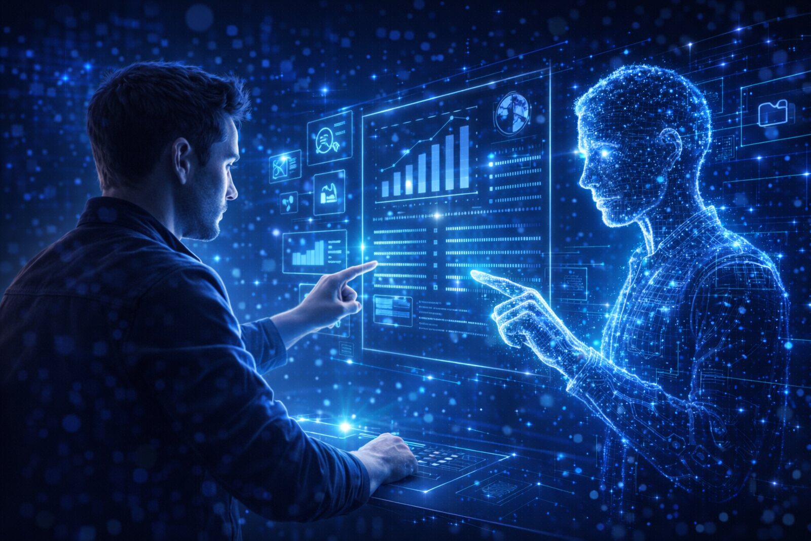 Pessoa e inteligência artificial colaborando em um ambiente digital